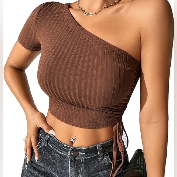Women's One-Shoulder Crop Tops Rib Knit - Picture 2 of 5
